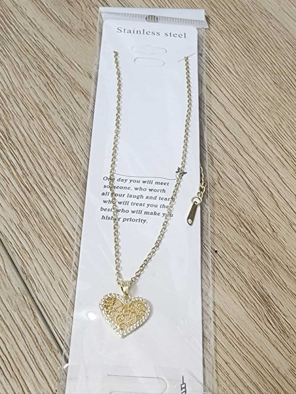 Small Gold Heart Pendant Necklace W Shining Stones - Stainless Steel New
